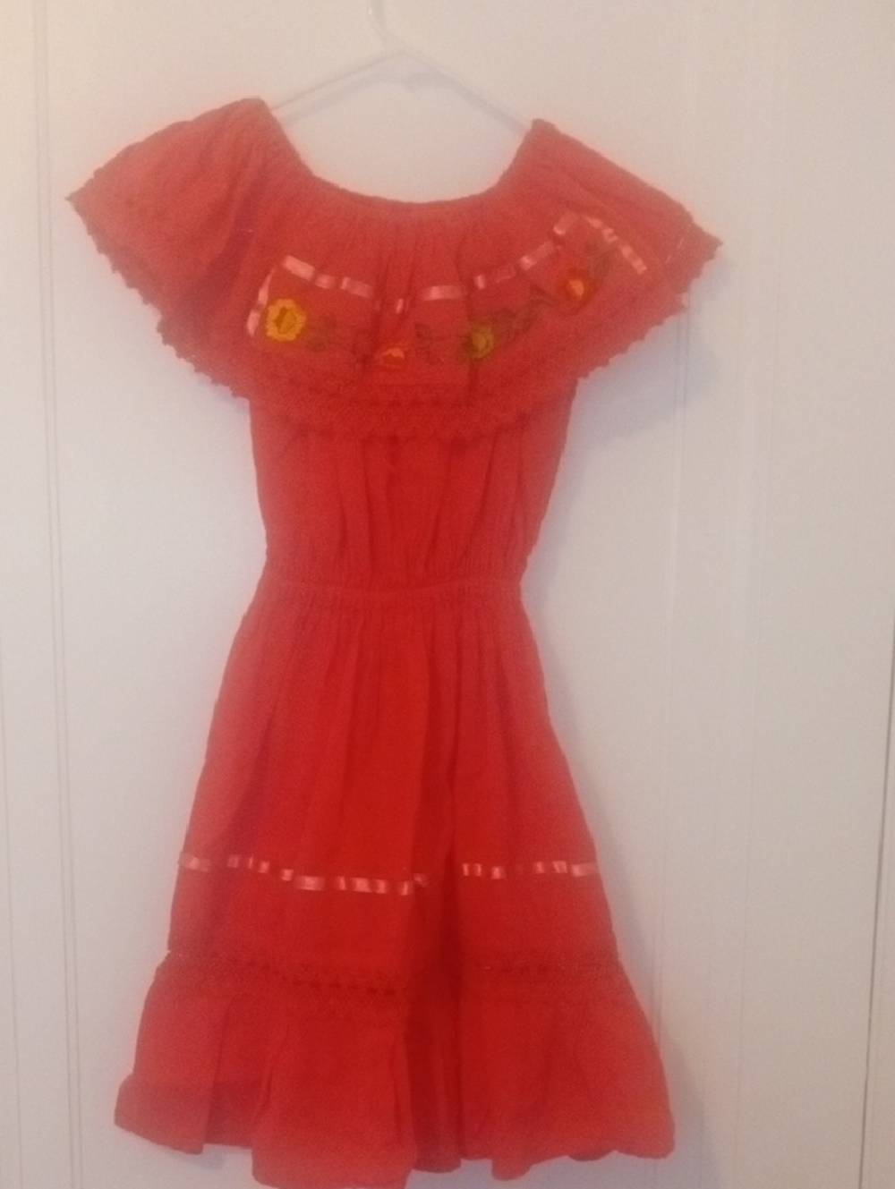 Girls 10 coral orange on or Off-Shoulder Dress with Embroidered Yoke